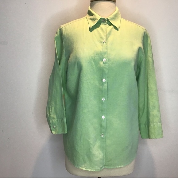 LL Bean 100% linen sherbet green 3/4 sleeve button up pointed collar shirt Med - Picture 2 of 10